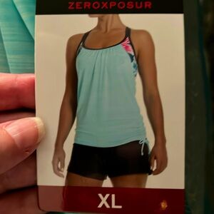 A Zeroxposur2 piece swimsuit in XL, teal, grey, and floral pattern sports bra